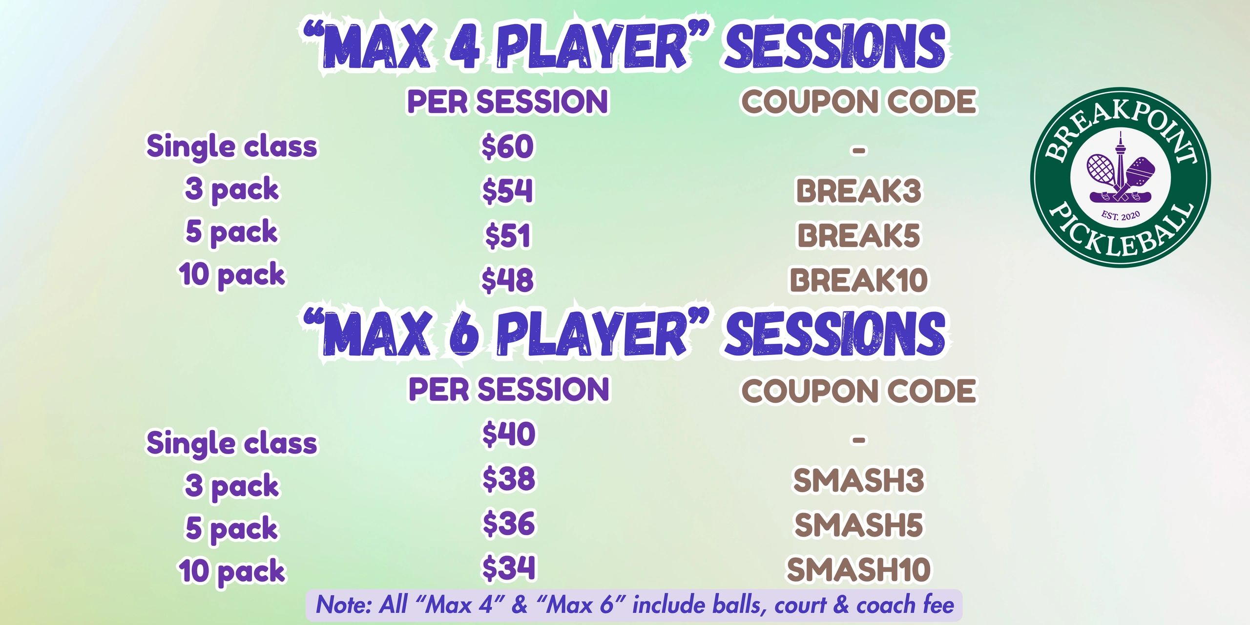 Pricing and coupon codes for max 4 and max 6 player pickleball sessions at Breakpoint Pickleball.