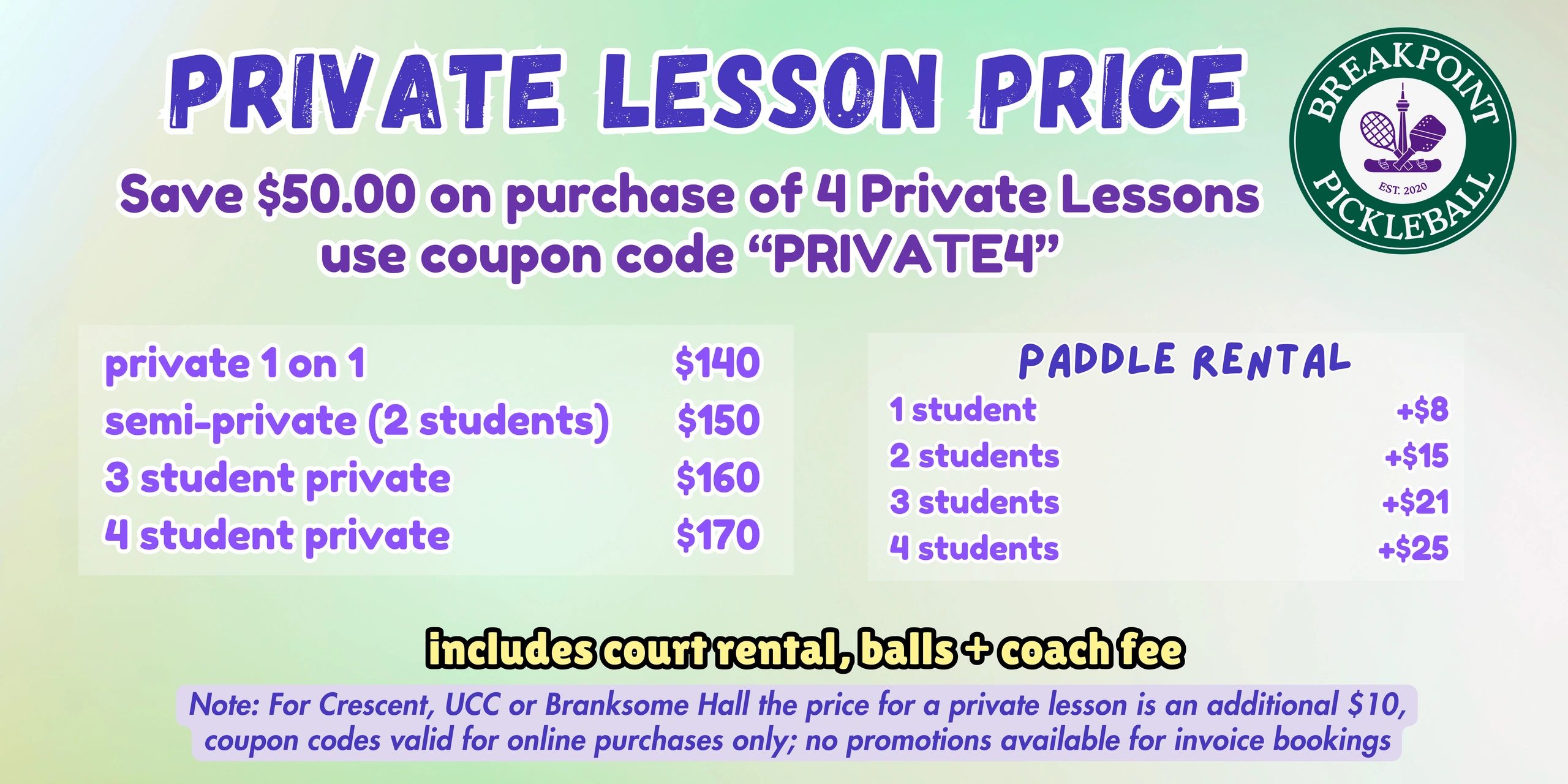 Private pickleball lesson prices and paddle rental fees with a $50 discount on 4 lessons using code PRIVATE4.