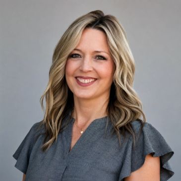 Smiling woman with wavy blonde hair in gray top.