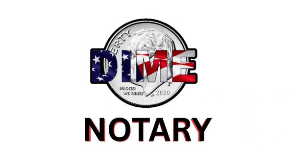 A Dime coin with the work Dime in the United State flag colors. 