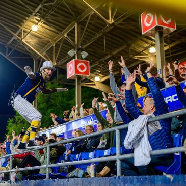 A baseball player interacts energetically with cheering fans in the stands.