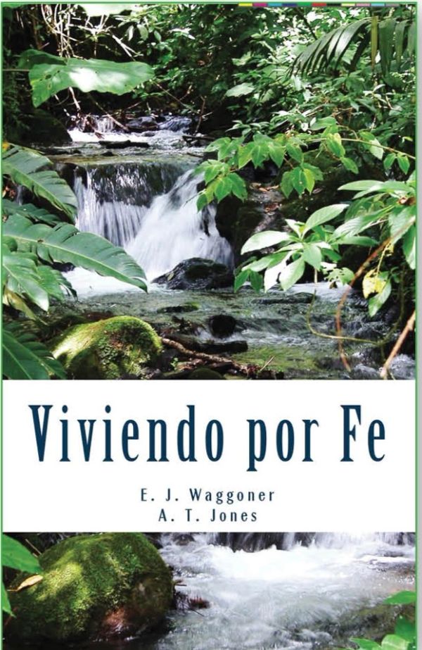 Portada de libro con un arroyo en un bosque y el título 'Viviendo por Fe'.