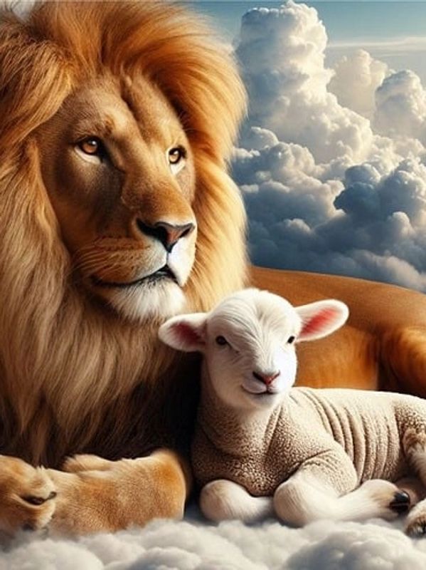 Un majestuoso león y un hermoso cordero descansando en paz juntos sobre las nubes.
