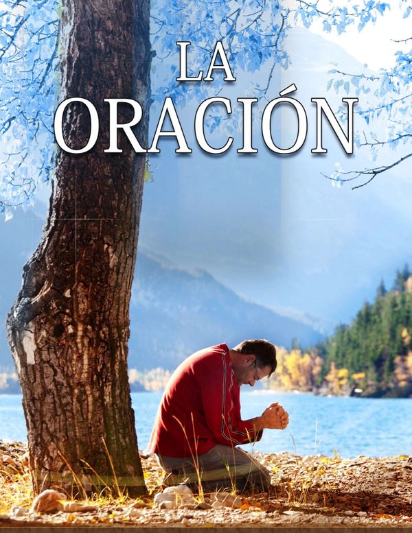 Hombre arrodillado rezando junto a un árbol cerca de un lago.
