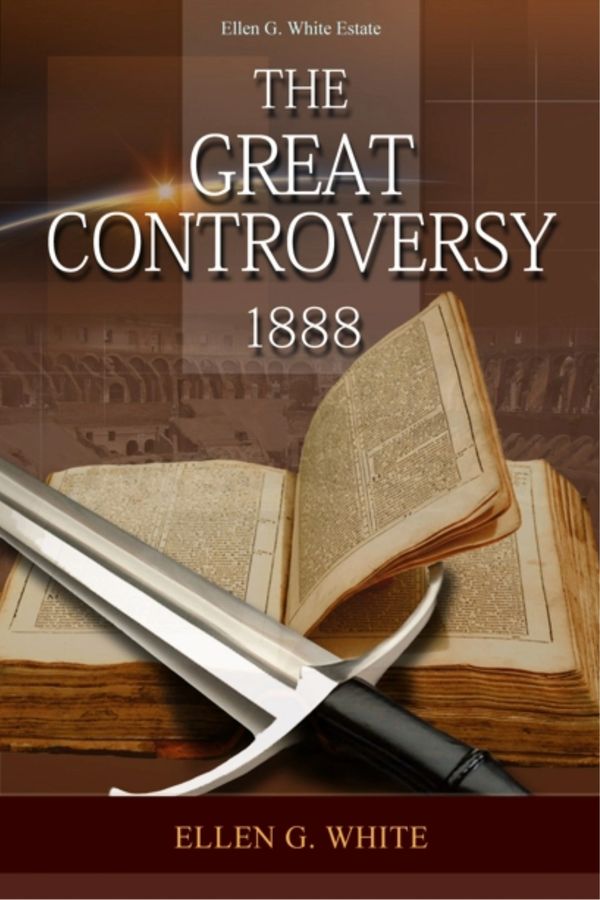 Cover "The Great Controversy 1888" has a sword in front resting on an open Bible.
