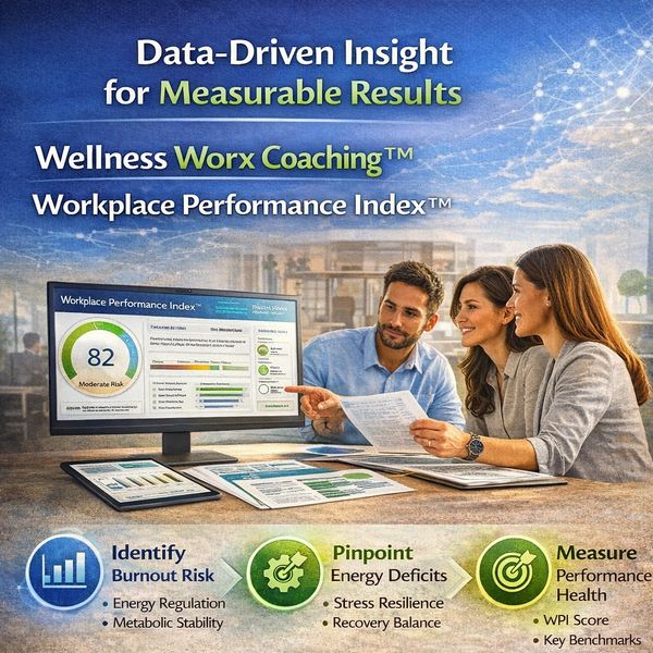 Team discusses Workplace Performance Index data for wellness coaching and burnout risk.