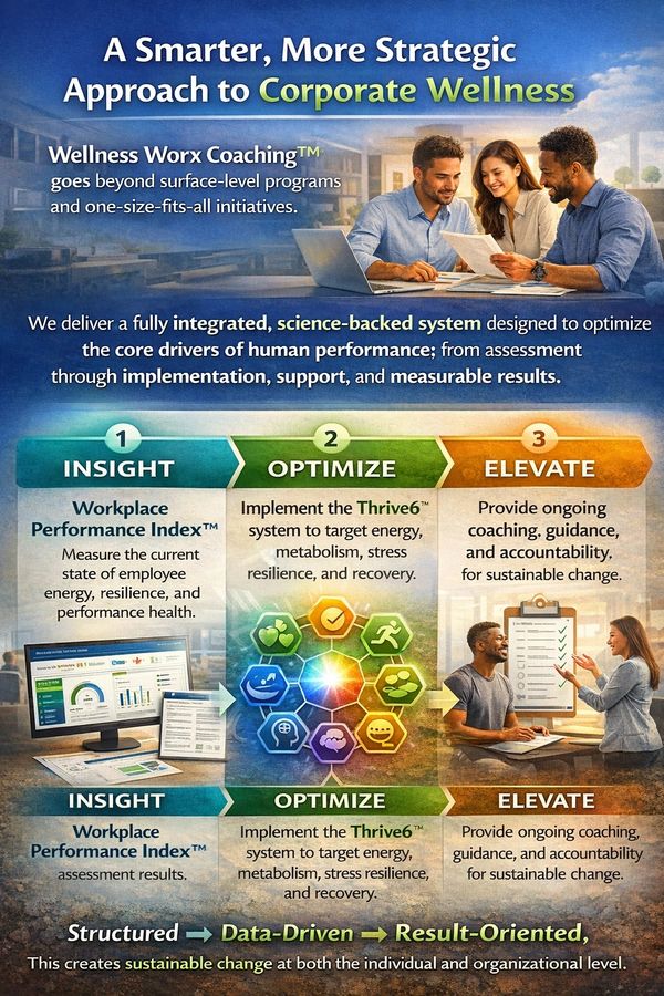 Corporate wellness approach focusing on insight, optimize, and elevate for sustainable change.