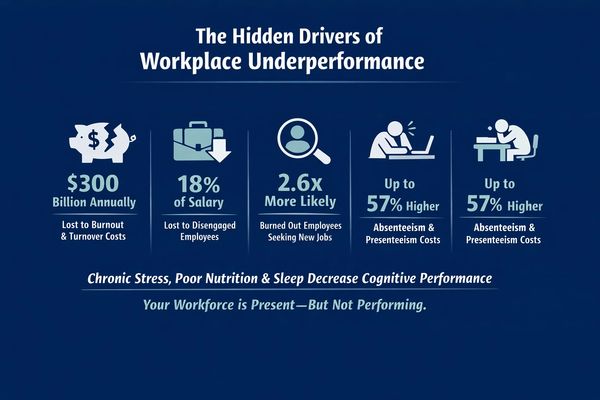 Infographic showing key statistics on workplace underperformance costs and causes.