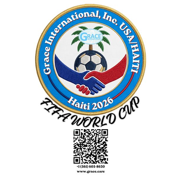 Logo for Grace International USA/HAITI FIFA World Cup 2026 with handshake and soccer ball.