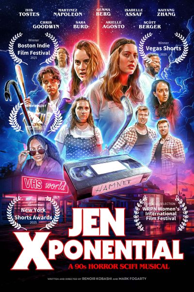 Poster for the horror sci-fi musical 'Jen Xponential' featuring a VHS tape and cast images.