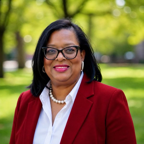 Professional woman in glasses and red blazer smiling outdoors.