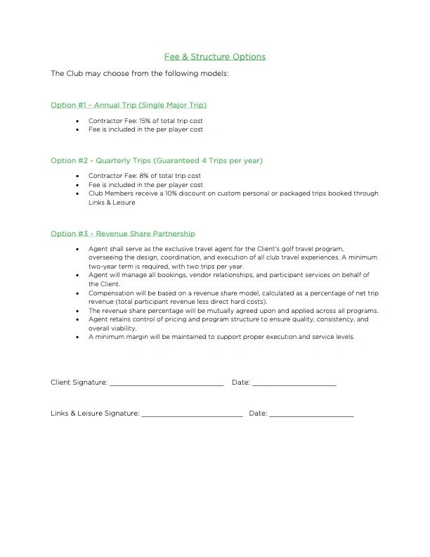 Document outlining three fee and structure options for a club's golf travel program with signature lines.