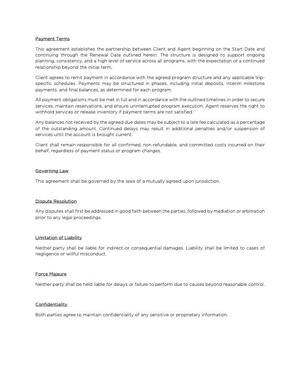 Document outlining payment terms, governing law, dispute resolution, liability, force majeure, and confidentiality clauses.