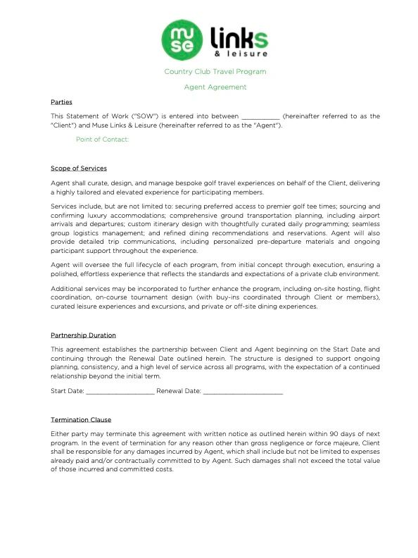 Travel program agent agreement outlining services, partnership duration, and termination clause.