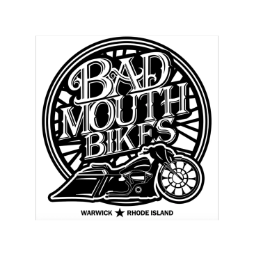 Logo with motorcycle and text Bad Mouth Bikes, Warwick Rhode Island.