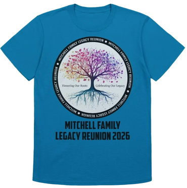 Blue T-shirt with a colorful family tree design for Mitchell Family Reunion 2026.
