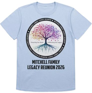 Light blue t-shirt with a colorful tree and roots design for Mitchell Family Reunion 2026.