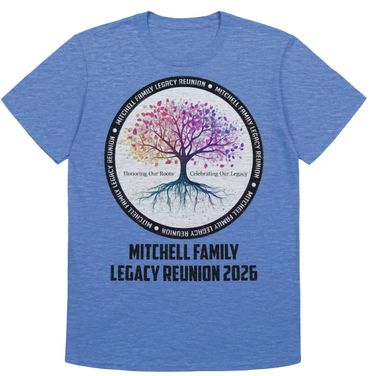 Blue T-shirt with a colorful tree design for Mitchell Family Legacy Reunion 2026.