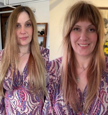 Woman shows before and after haircut transformation with bangs.