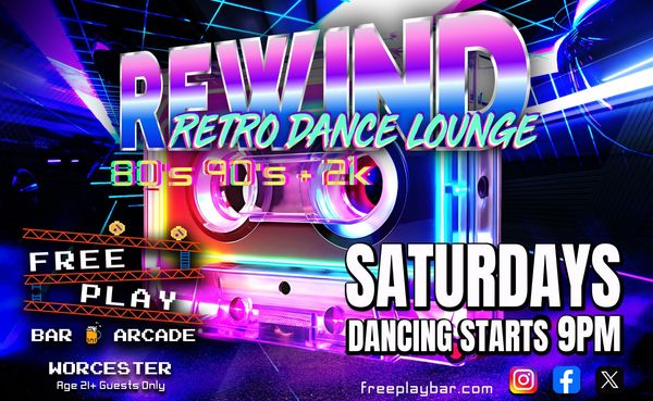 Neon-lit retro dance lounge flyer featuring 80s, 90s, and 2k music with free arcade games on Saturdays.