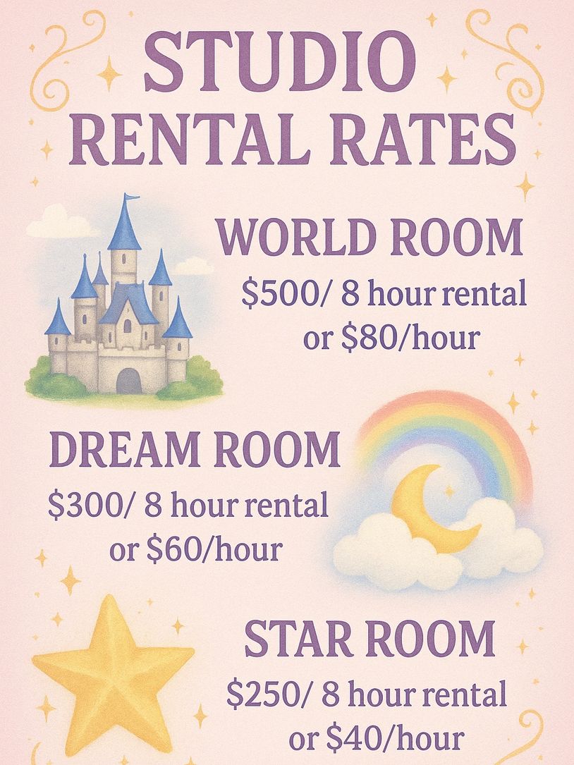 Studio rental rates for World, Dream, and Star rooms with hourly and 8-hour options.