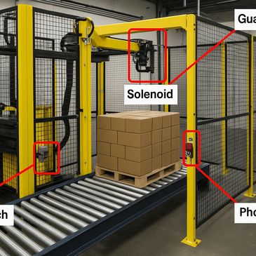 Industrial conveyor system with safety guards and labeled components.