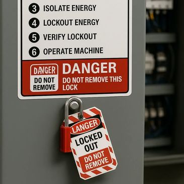 Lockout procedure sign with steps and a lock on a control panel.