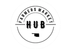 Black and white Farmers Market Hub logo with a small icon.