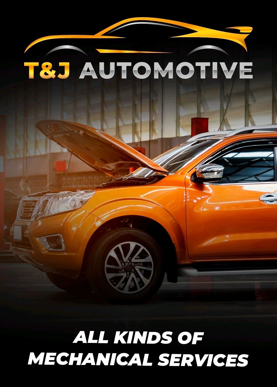 Orange car with open hood in an automotive service shop.