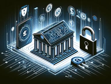 Digital banking security concept with lock and currency icons.