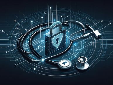 Stethoscope around a digital padlock symbolizing cybersecurity in healthcare.