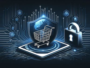 Digital shopping security concept with a shield and lock.