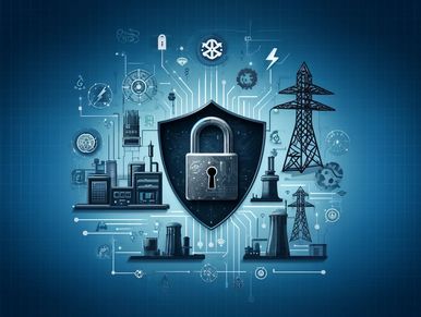 Industry cybersecurity concept with central shield and lock.