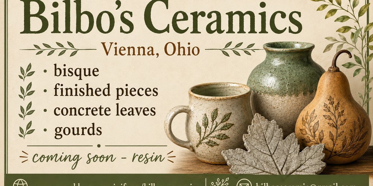 Advertisement for Bilbo's Ceramics featuring handmade pottery and concrete leaves in Vienna, Ohio.