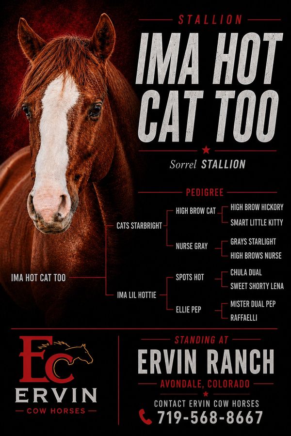 Portrait of a sorrel stallion with pedigree details and contact info for Ervin Cow Horses.