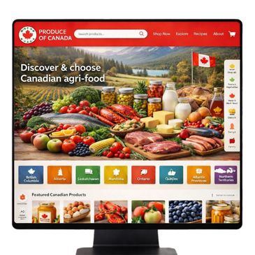 Website showcasing diverse Canadian agri-food products with scenic background.