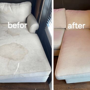 Before and after cleaning showing a stained sofa now spotless.