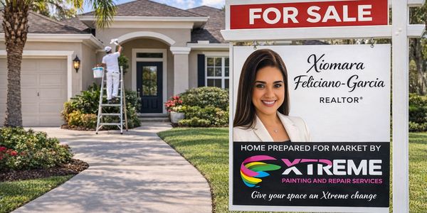 Real estate sign featuring a realtor and a painter preparing a house for sale.