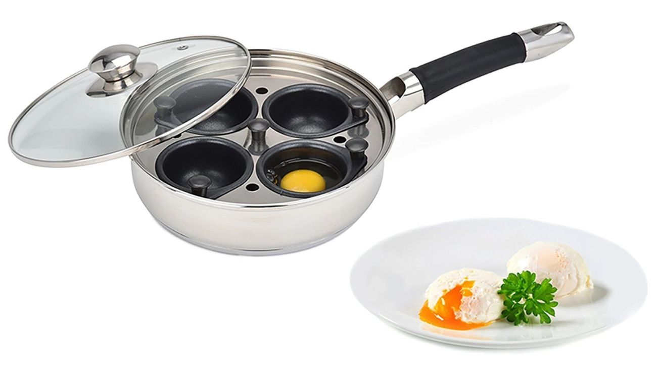 thumbnail image 2 of 4-Cup Stainless Steel Egg Poacher Pan – Nonstick Cups With Glass Lid – Made In USA 2 of 5