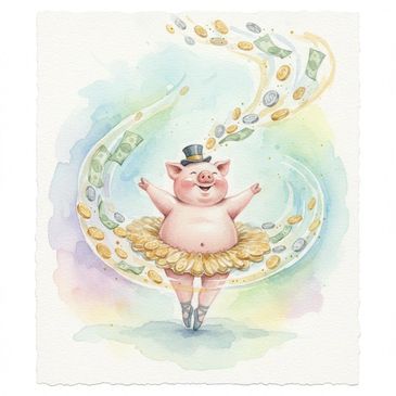 A joyful pig in a tutu and top hat dances with money swirling around.