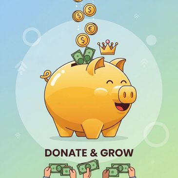Happy piggy bank with money and coins, symbolizing donation and growth.