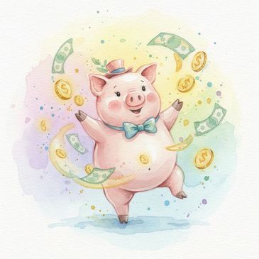 Happy pig wearing a bowtie and hat, surrounded by flying money and coins.