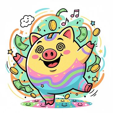Colorful pig dancing joyfully surrounded by money and musical notes.