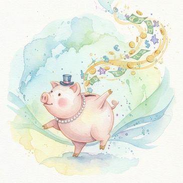 Whimsical piggy bank with flying money and coins.