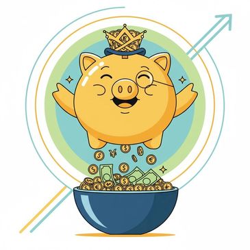 Happy piggy bank with crown and monocle, coins and bills falling into a bowl.
