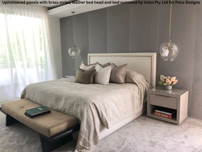 UPHOLSTERED PANELS WITH BRASS STRIPS, LEATHER BEDHEAD & BED SURROUND INTOO PTY LTD FOR POCO DESIGNS