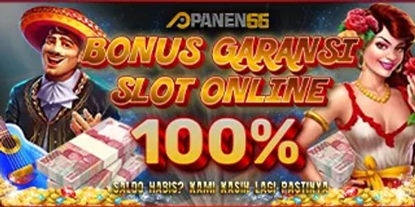Promotional banner for a 100% bonus on Panen66 online slot games with festive characters.