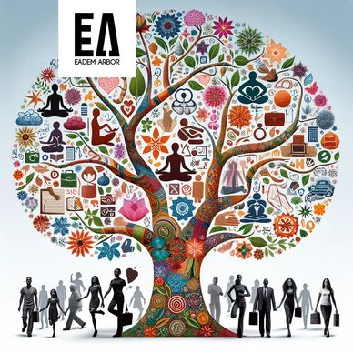 A colorful tree with icons and silhouettes representing life and diversity.