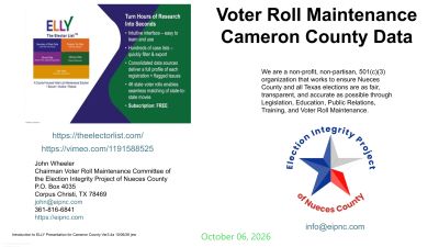 Voter roll maintenance information for Cameron County with contact details.