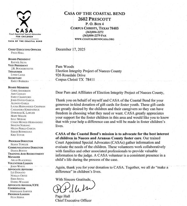 Letter from CASA of the Coastal Bend thanking Pam Woods for gift card donations.